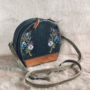 Vintage style Floral Embroidered Denim leather tan Crossbody Bag